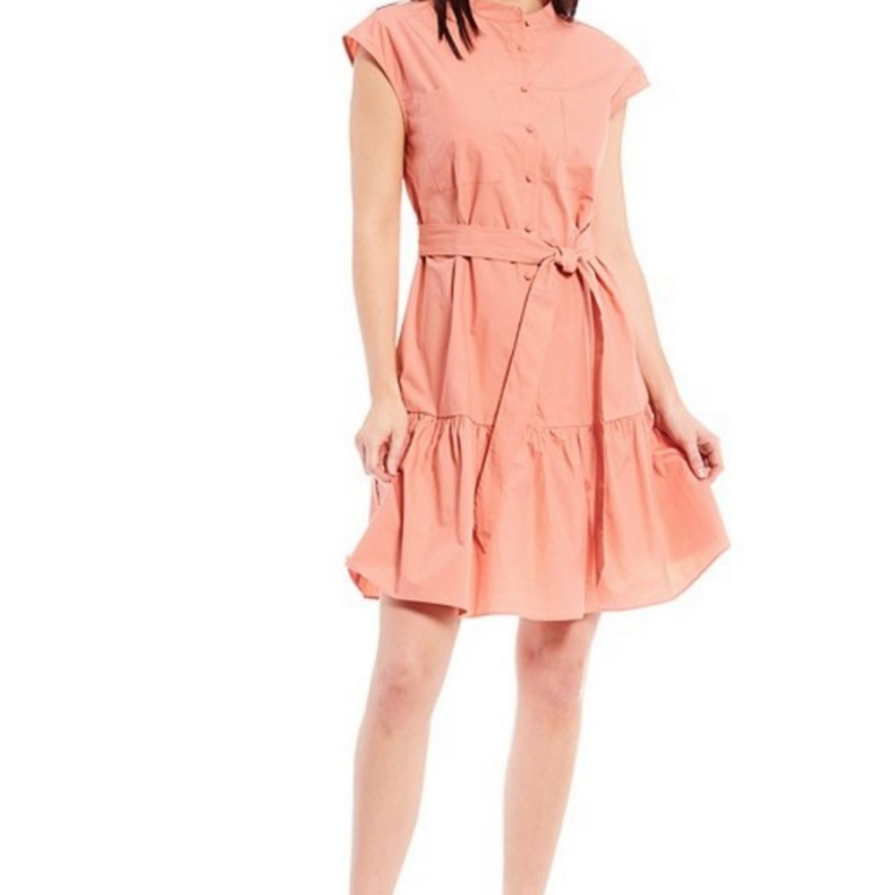 Belted Button Front Mandarin Collar Poplar Dress